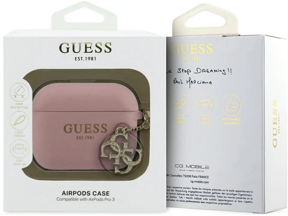 Guess 4G Charm Silicone dėklas skirtas Apple AirPods Pro 3 rožinės spalvos