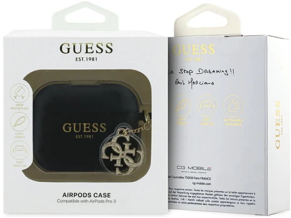 Guess 4G Charm Silicone dėklas skirtas Apple AirPods Pro 3 juodos spalvos