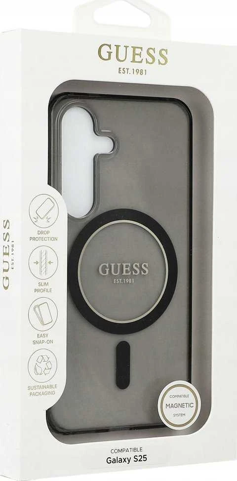 Dėklas Guess Glitter Circle Classic Logo MagSafe Samsung Galaxy S25 juodos spalvos