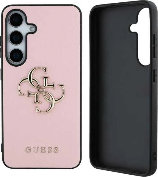 Guess Grained Big 4G Logo Small Classic Logo Samsung Galaxy S25 Plus dėklas telefonui rožinės spalvos