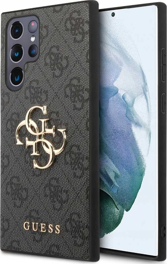 Guess PU 4G Metal Logo dėklas skirtas Samsung Galaxy S23 Ultra pilkos spalvos