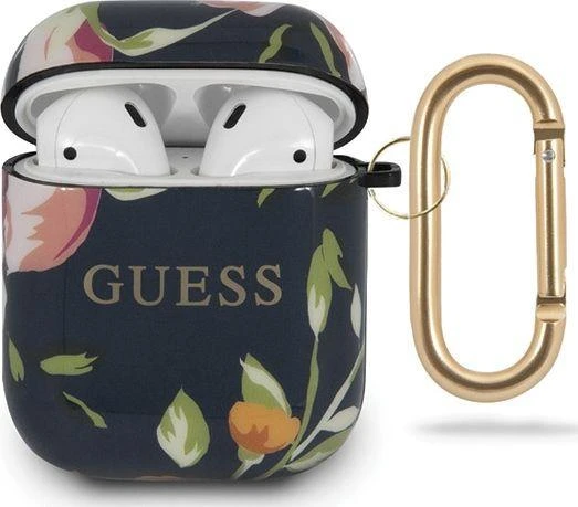 Guess AirPods dėklas su gėlių raštu ir karabinu
