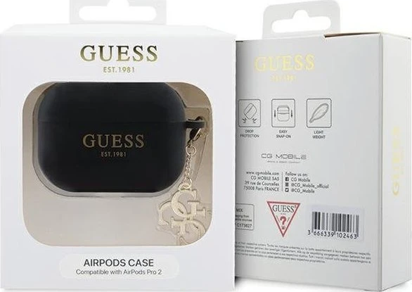 Guess GUAP2LECG4K AirPods Pro 2 (2022/2023) dėklas juodos spalvos Liquid Silicone Glitter Triangle Charm