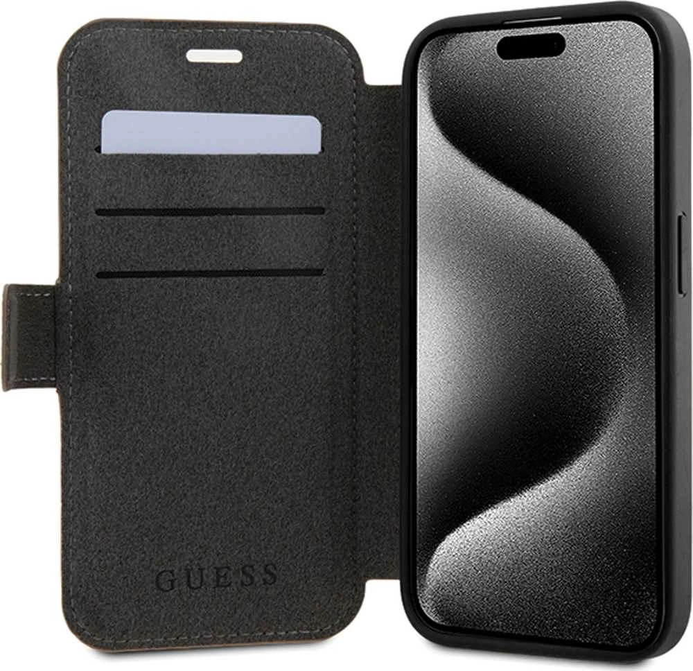 Dėklas Guess GUBKP15L4GMGBR Apple iPhone 15 Pro 6.1″ ora knyga 4G metalinis logotipas