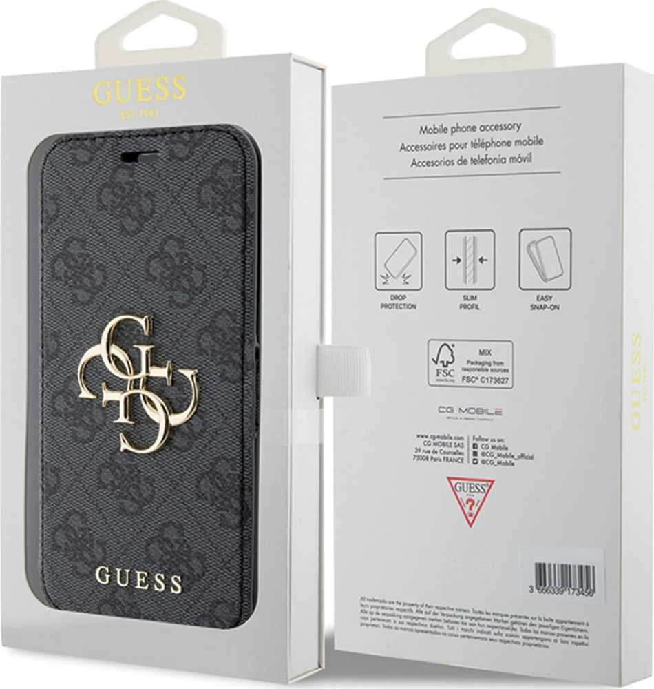 Dėklas Guess GUBKP15L4GMGGR Apple iPhone 15 Pro 6.1″ pilkos spalvos book 4G Metal Logo