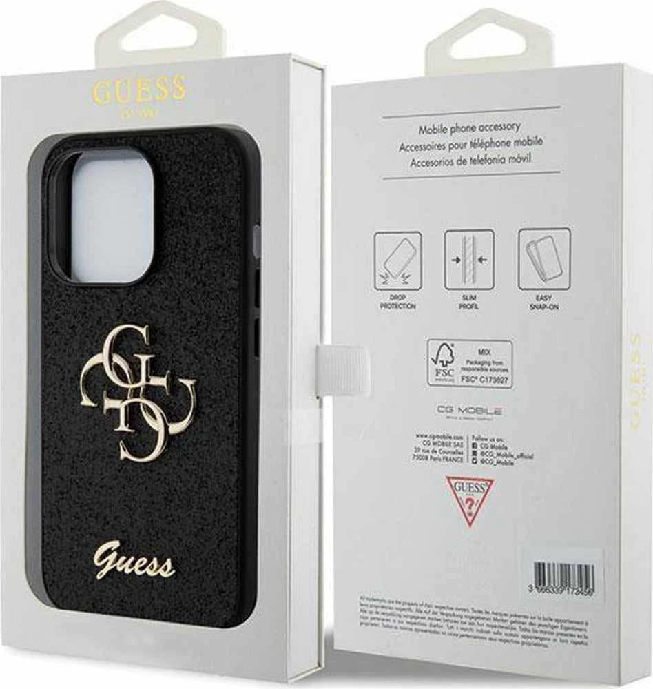 Dėklas GUESS GUHCP15LHG4SGK IPHONE 15 PRO 6.1 "Juodas/Juodas HARDCASE GLITTER SCRIPT BIG 4G