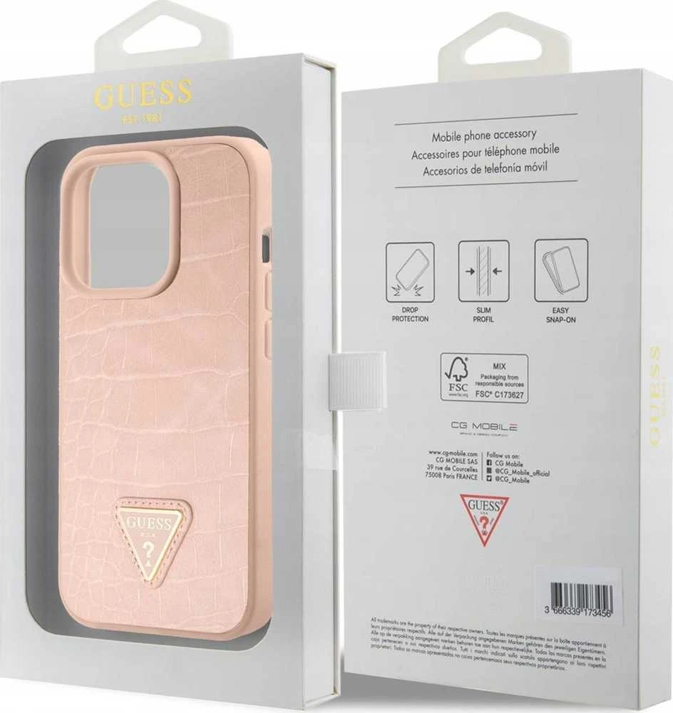 Guess GUHCP15LPCRTHCP Apple iPhone 15 Pro 6.1″ rožinės spalvos kietas dėklas Croco Triangle Metal Logo