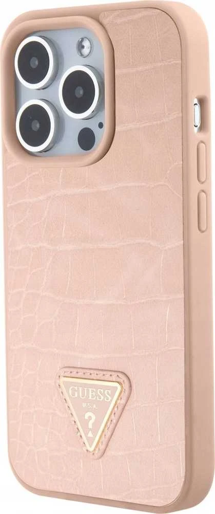 Guess GUHCP15LPCRTHCP Apple iPhone 15 Pro 6.1″ rožinės spalvos kietas dėklas Croco Triangle Metal Logo