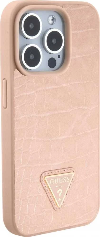 Guess GUHCP15LPCRTHCP Apple iPhone 15 Pro 6.1″ rožinės spalvos kietas dėklas Croco Triangle Metal Logo