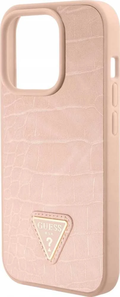 Guess GUHCP15LPCRTHCP Apple iPhone 15 Pro 6.1″ rožinės spalvos kietas dėklas Croco Triangle Metal Logo