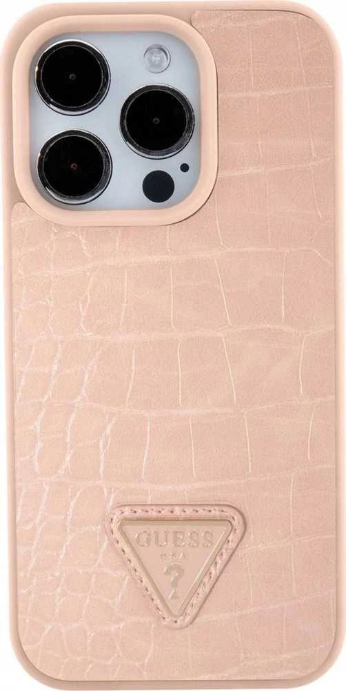 Guess GUHCP15LPCRTHCP Apple iPhone 15 Pro 6.1″ rožinės spalvos kietas dėklas Croco Triangle Metal Logo