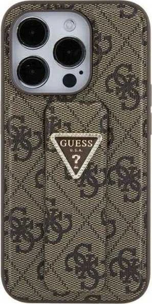 Guess GUHCP15SPGS4TDW Apple iPhone 15 / 14 / 13 6.1″ rudos spalvos kietas dėklas Grip Stand 4G Triangle Strass