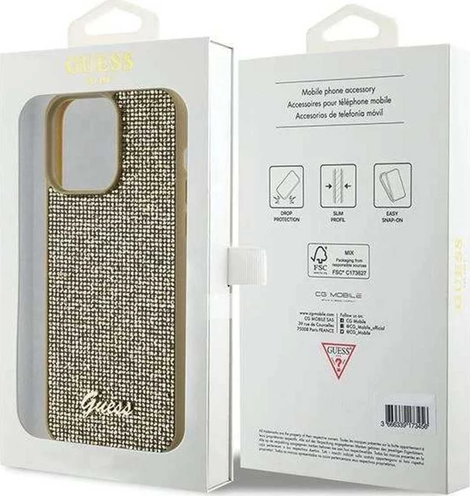 GUESS GUHCP15XPMSDGSD IPHONE 15 PRO MAX 6.7" AUKSINIS/AUKSINIS KIETAS DĖKLAS DISCO METAL SCRIPT