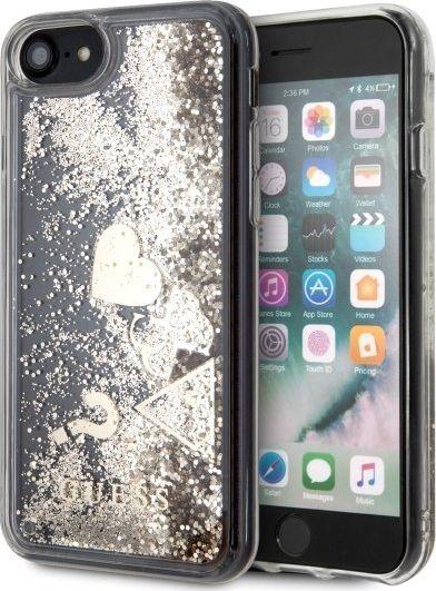 „Guess“ kietas dėklas „Samsung Galaxy S10e“ auksinei/blizgančioms širdelėms