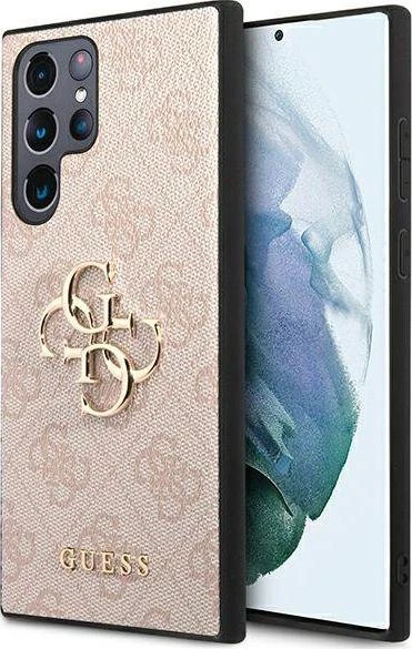„Guess GUHCS22L4GMGPI S908 S22“ itin rausvas/rožinis kietas dėklas su dideliu metaliniu logotipu