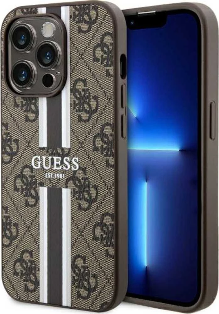 Apple iPhone 13 / 14 / 15 Guess dėklas 4G Printed Stripes MagSafe (GUHMP15SP4RPSW) rudos spalvos