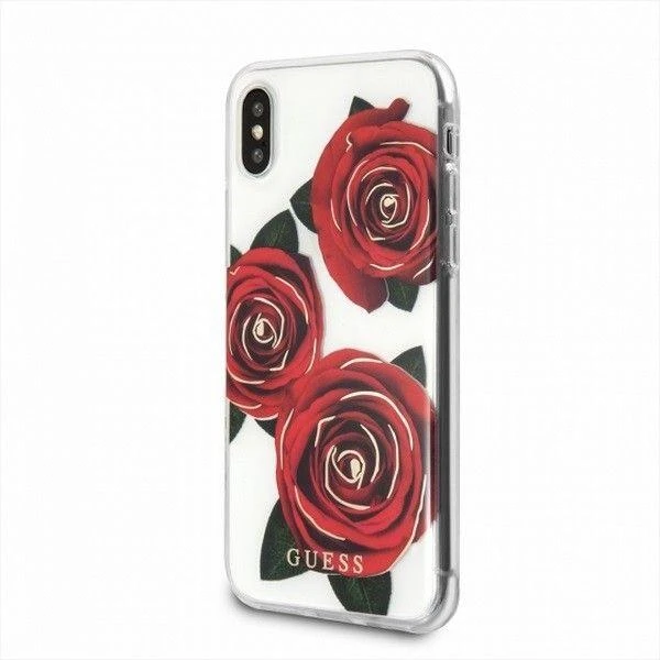 Guess Flower Desire Raudona Rose iPhone X dėklas – skaidrus