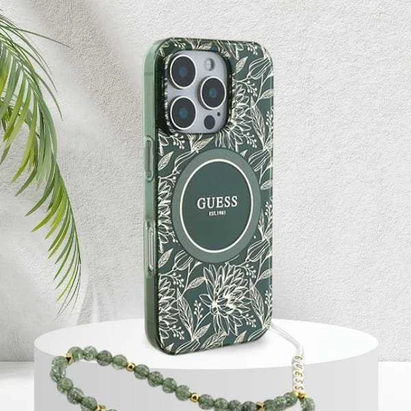 Guess GUHMP16XHCPOFPA Apple iPhone 16 Pro Max 6.9″ žalias kietas dėklas IML Flowers Allover Electro Wit