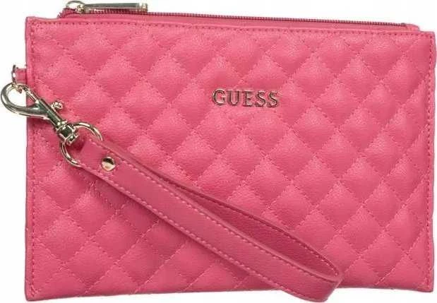 „Guess“ kelioninis krepšys iš eko odos, tekstilinis, dygsniuotas raštas ir rankogaliai, fuksijos spalvos, 23 x 15 x 1,5 cm