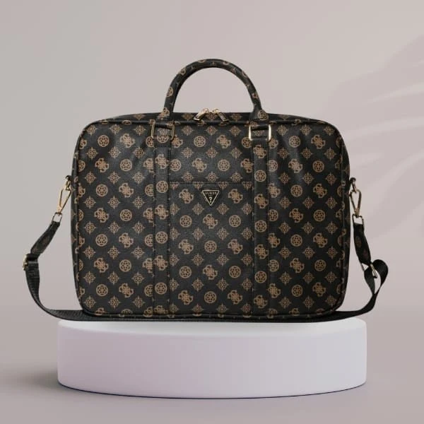 Guess 4G Peony Front Pocket Zipper Triangle Logo Nešiojamas kompiuteris Bag 16" - Juodas