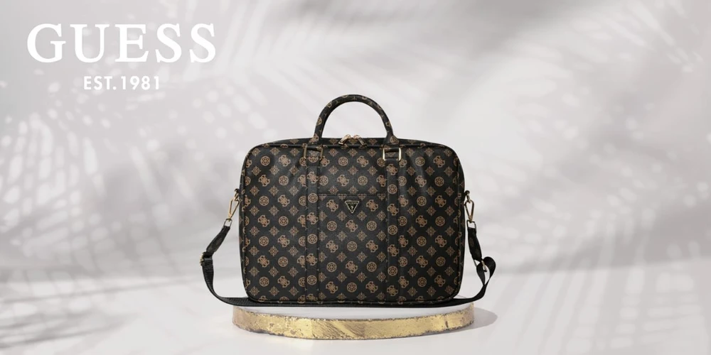 Guess 4G Peony Front Pocket Zipper Triangle Logo Nešiojamas kompiuteris Bag 16" - Juodas