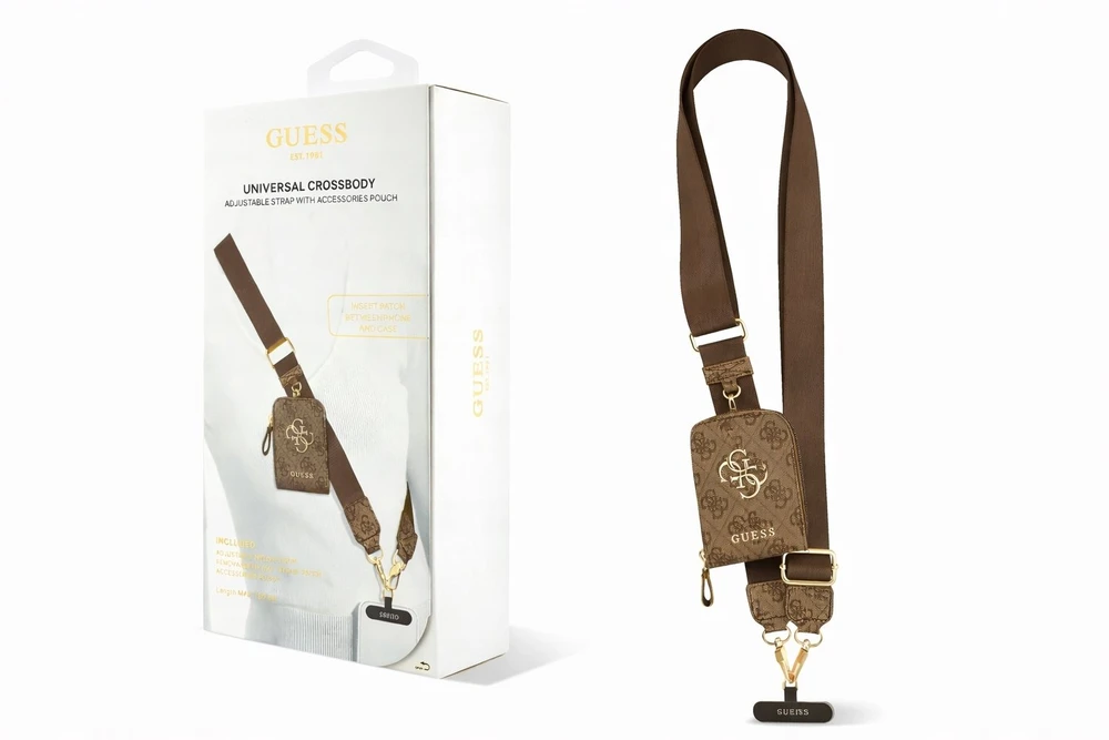 Dėklas Guess Crossbody Strap PU 4G Metal Logo + Purse rudos spalvos