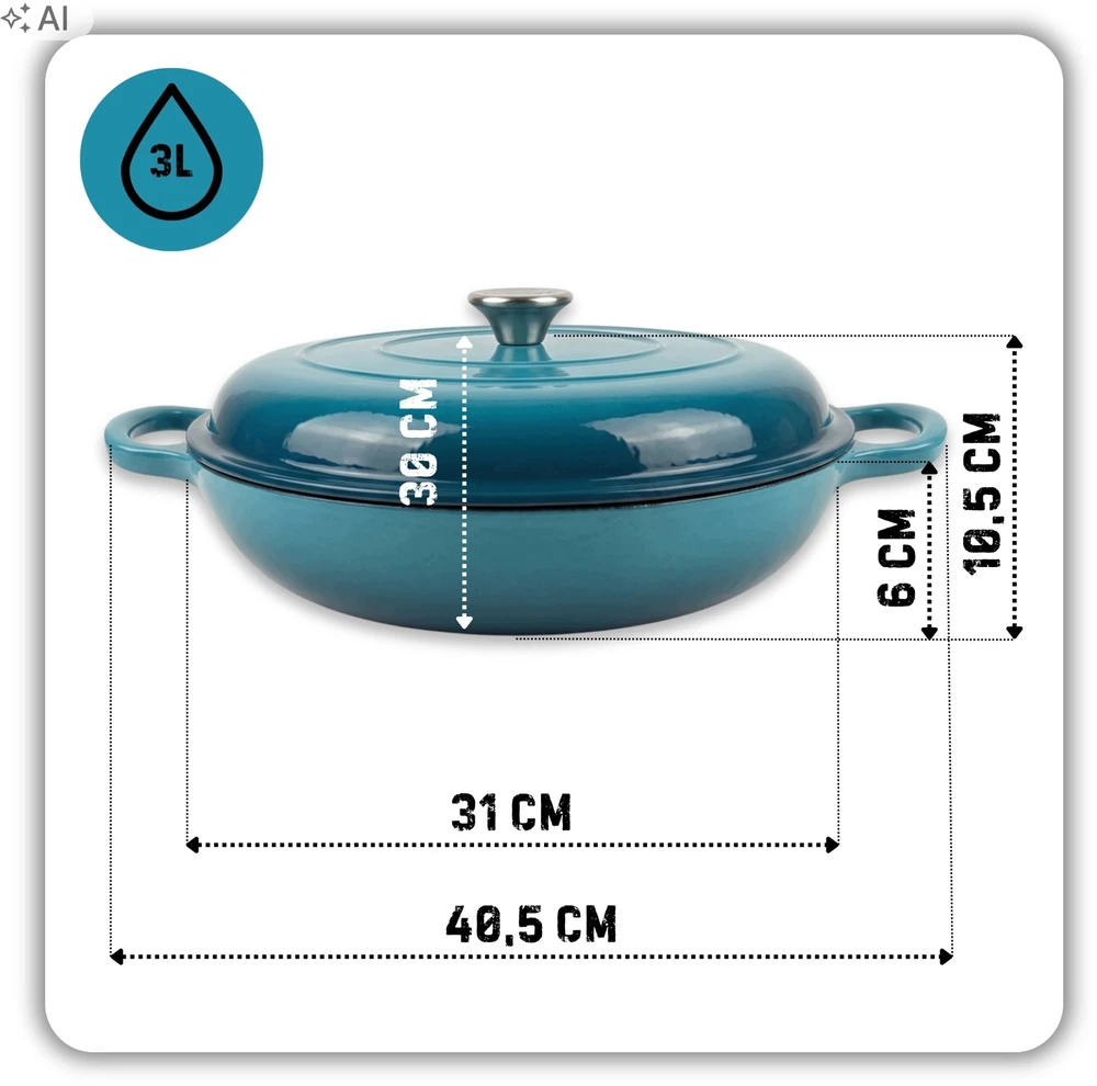 HAGE Emaliuotas plokščias ketaus puodas 30cm 3L lazūrinis (DN30-azure)