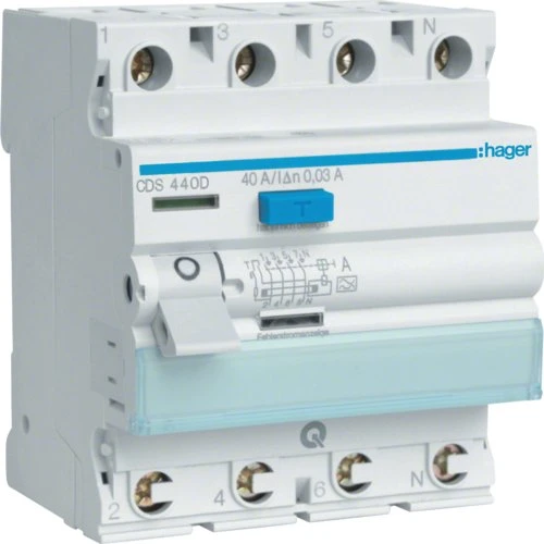 Hager Polo CDS440D RCCB Liekamosios srovės grandinės pertraukiklis 3P+N 40A/30mA A tipas QuickConnect CDS440D