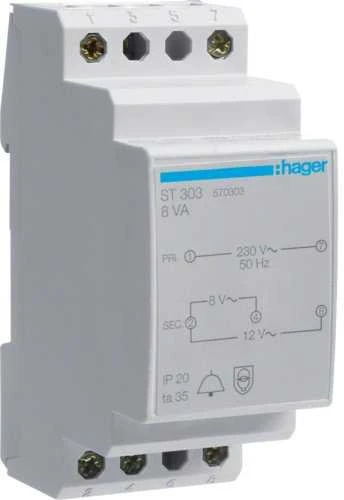 HAGER žiedinis transformatorius ST303, pirminis 230V, antrinis 8/12V, 8VA, 50-60Hz, 36mm pločio, DIN bėgeliui