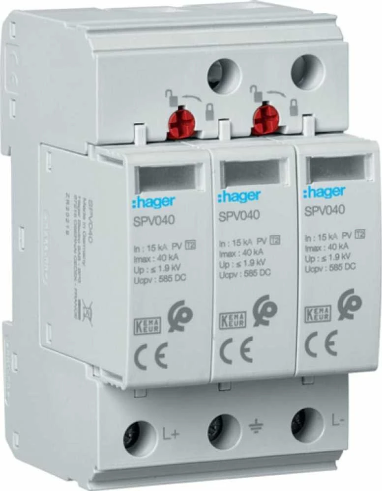 Hager Viršįtampių iškroviklis C 2 tipo PV 3P In 15kA Imax 40kA 3.7kV 1000V DC SPV340
