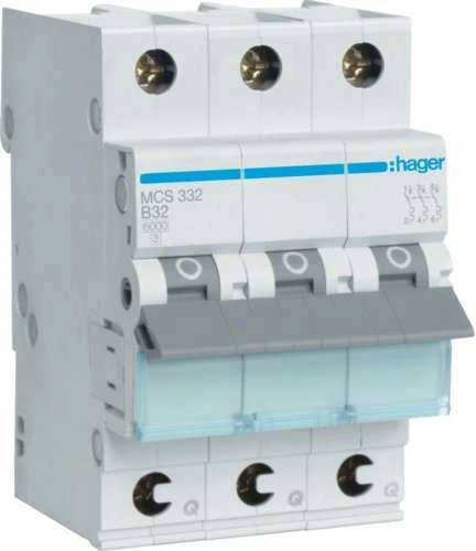 Hager automatinis jungiklis, išjungtas virš ICN=6000A 3P C 32A QUI
