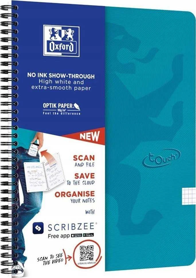 Sąsiuvinis su spirale OXFORD TOUCH, A4+, 70 lapų, langeliai, jūros mėlyna sp.
