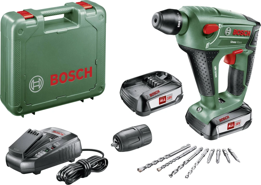 Perforatorius Bosch Uneo Maxx; 0,6 J; SDS-greitas; 18 V; 2x2,5 Ah akum.