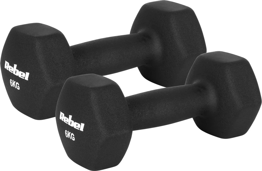 Hantelki HEX 2x6kg neopreno ketaus hanteliai, REBEL ACTIVE