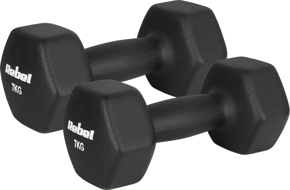 Hantelki HEX 2x7kg neopreno ketaus hanteliai, REBEL ACTIVE