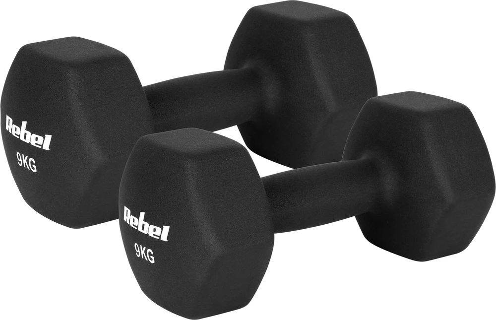 Hantelki HEX 2x9kg neopreno ketaus hanteliai, REBEL ACTIVE