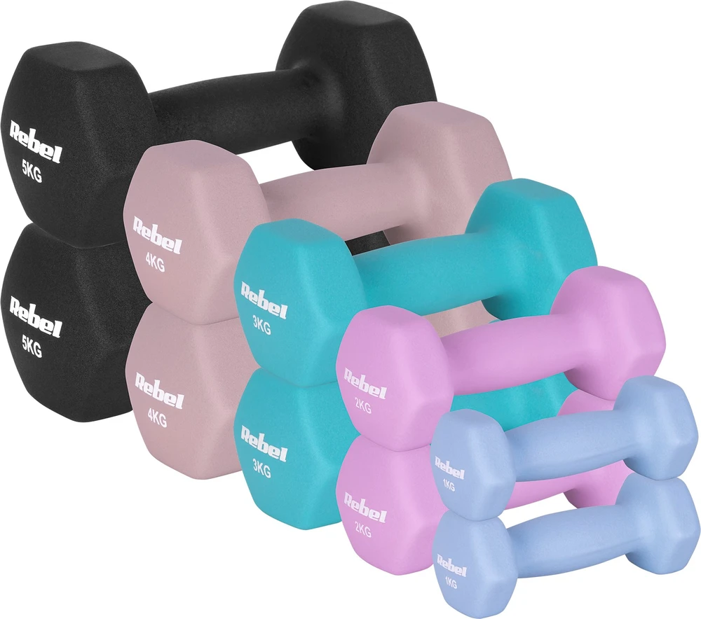 Hantelki HEX ketaus neopreno hantelių rinkinys 30 kg (2x1kg+2x2kg+2x3kg+2x4kg+2x5kg), REBEL ACTIVE