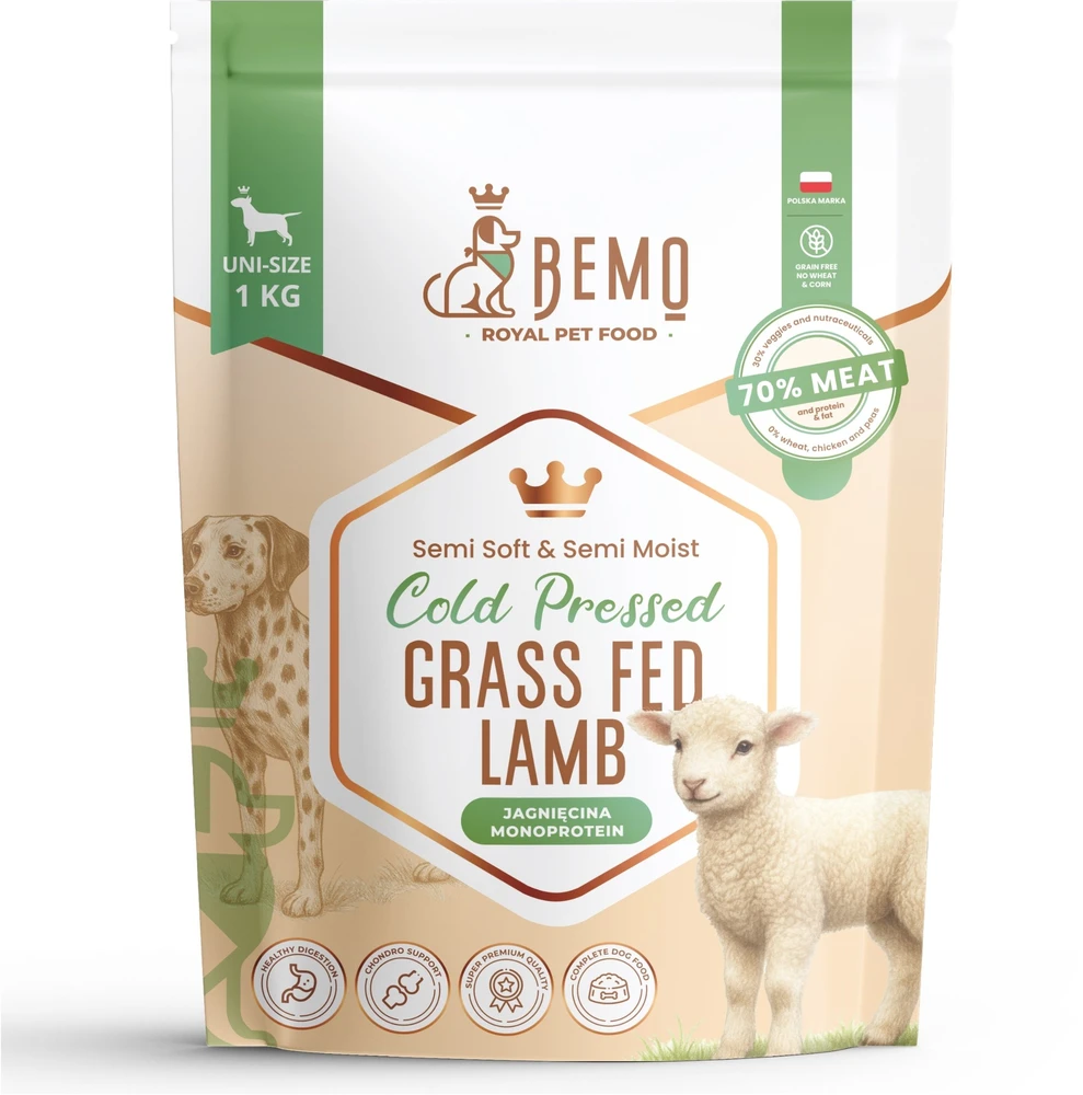 BEMO Cold Pressed Grass Fed ėriena – sausa šunų maista – 1kg