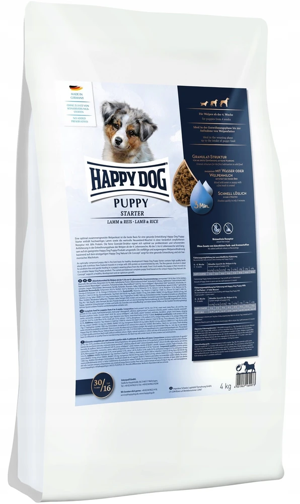 „Happy Dog Puppy Starter“ ėdalas šuniukams nuo 4 savaičių, su ėriena ir ryžiais, 4kg