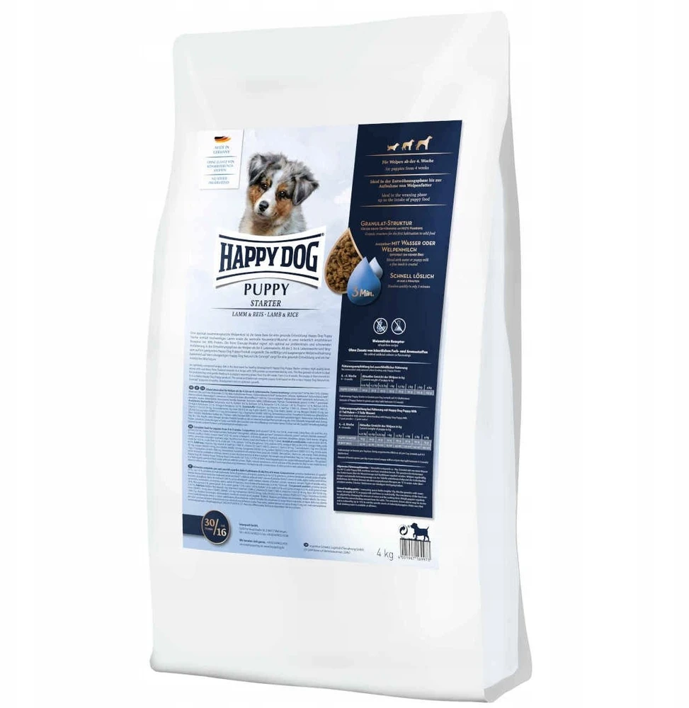 „Happy Dog Puppy Starter“ ėdalas šuniukams nuo 4 savaičių, su ėriena ir ryžiais, 4kg