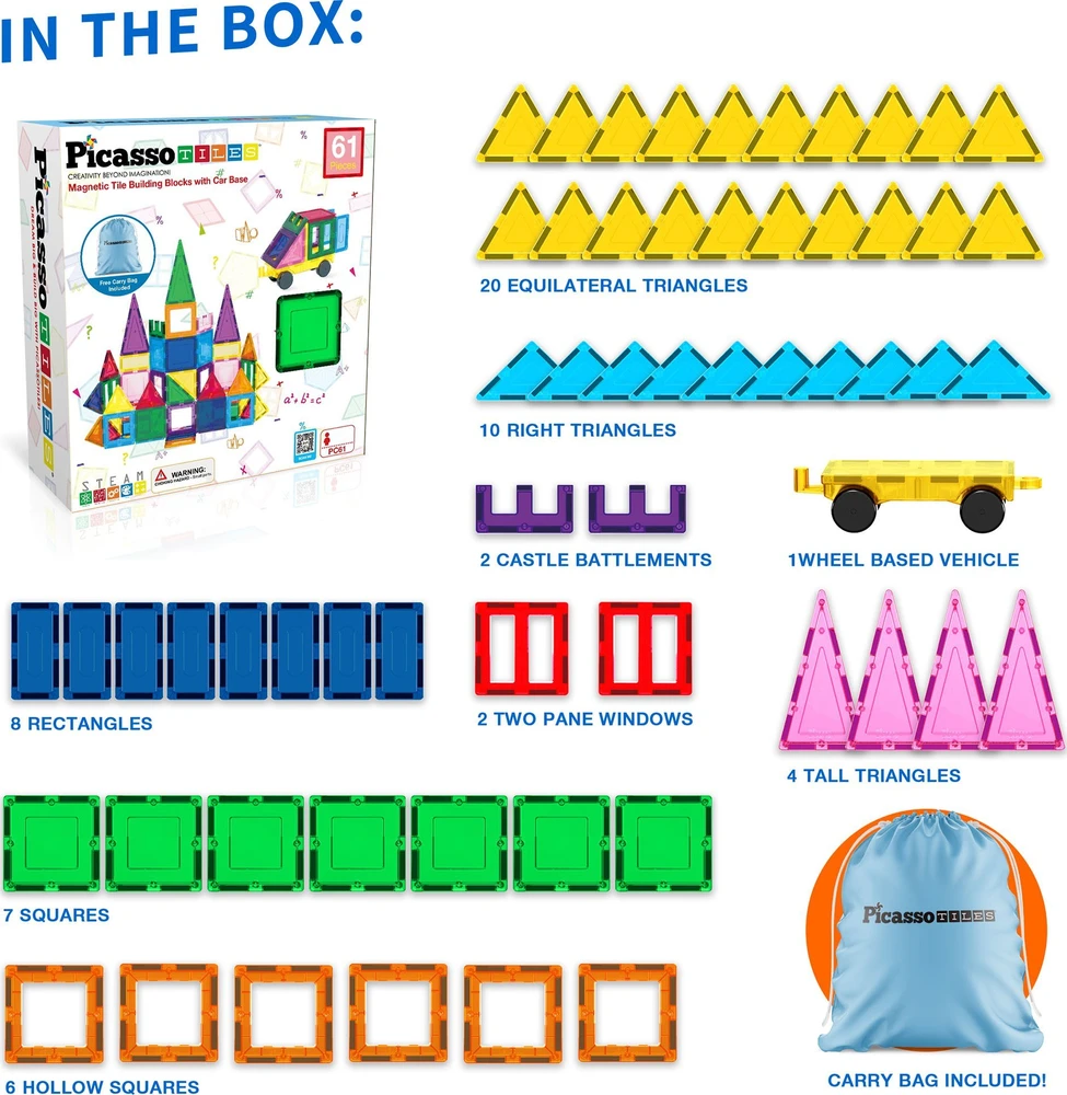 Happy Kiddo Magnetiniai blokeliai, 3D mokomieji vamzdeliai (61 elementas) PicassoTiles