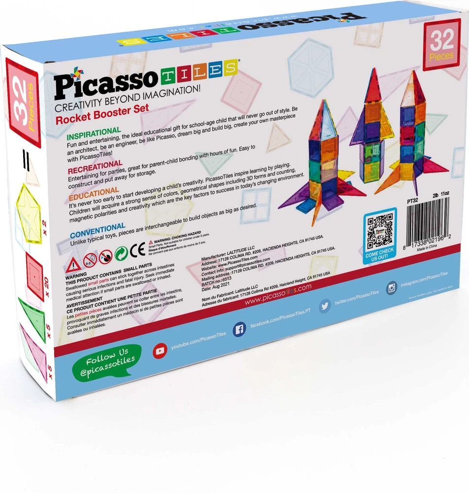 Happy Kiddo PICASSO TILES Magnetinis konstruktorius Rocket Booster 32 det., PT32