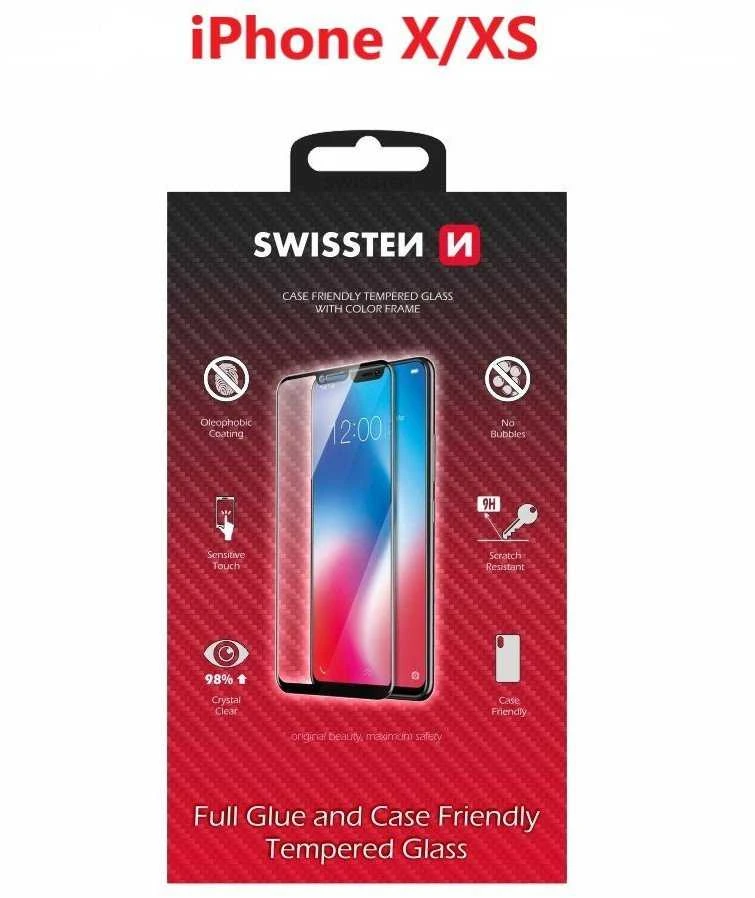 „Swissten“ grūdinto stiklo ekrano apsauga, skirta „Apple iPhone X/XS“, juoda, pritaikyta dėklui ir spalvotam rėmeliui.