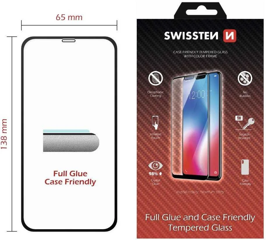 „Swissten“ grūdinto stiklo ekrano apsauga, skirta „Apple iPhone X/XS“, juoda, pritaikyta dėklui ir spalvotam rėmeliui.