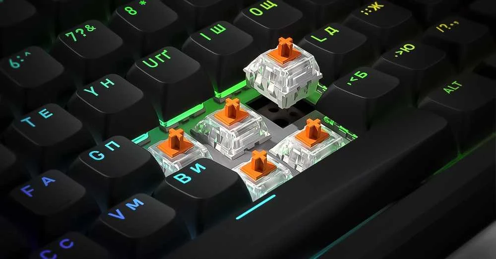 Oranžinis Klaviatūra žaidimams Hator Rockfall 3 HATOR Aurum Oranžinis Linear belaidė mechaninė su pašvietimu juoda
