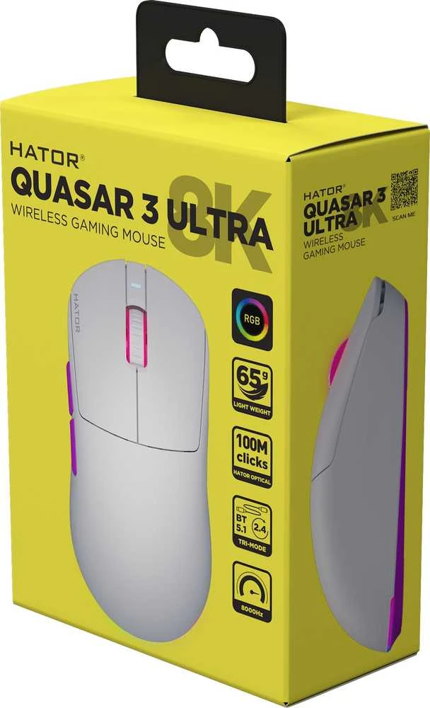 Pelė Myszka žaidimams Hator Quasar 3 ULTRA su laidu 30000 dpi optinė balta