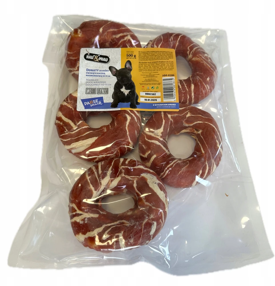 Hau&Miau Pausesnack šunų skanėstas, odinės spurgos, įvyniotos į marmurinę antį, 10-11 cm, 500g