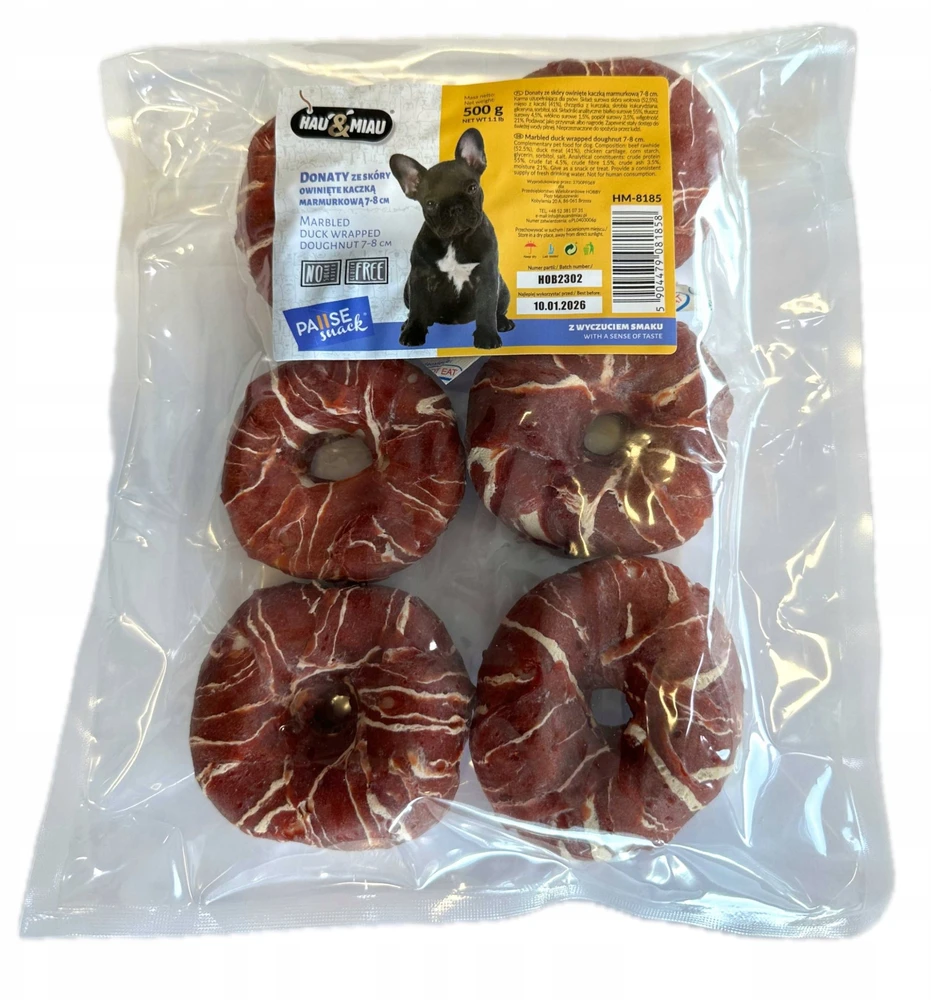 Hau&Miau Pausesnack šunų skanėstas, odelės formos spurgos, įvyniotos į marmurinę antieną, 7-8 cm, 500g