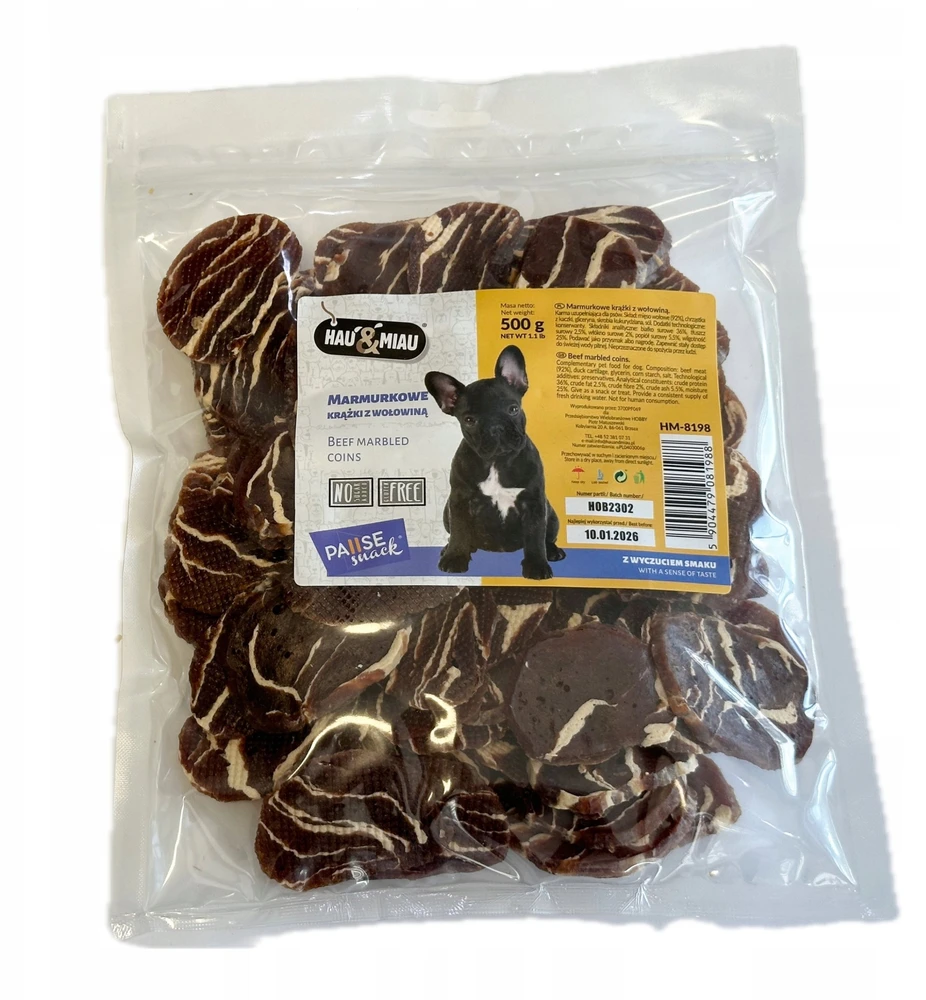 Hau&Miau Pausesnack šunų skanėstas, marmuriniai jautienos žiedai, 500g