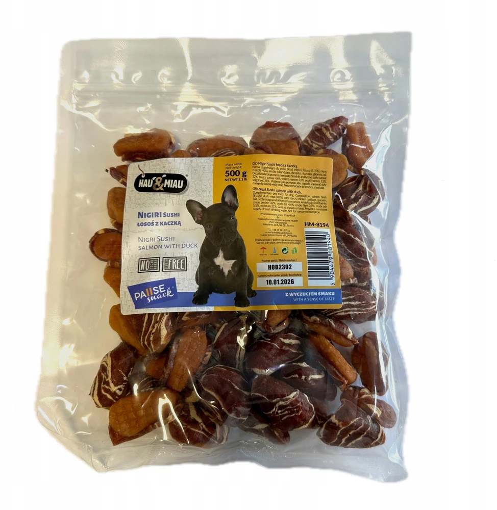 Hau&Miau Pausesnack šunų skanėstas, Nigiri suši lašiša su antiena 500g